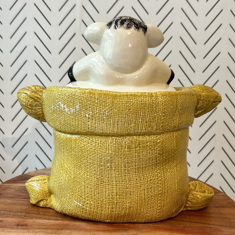 Vintage Cow Cookie Jar Yellow Burlap Sack Gunny Tow Country Kitchen Farmhouse - Picture 3 of 11